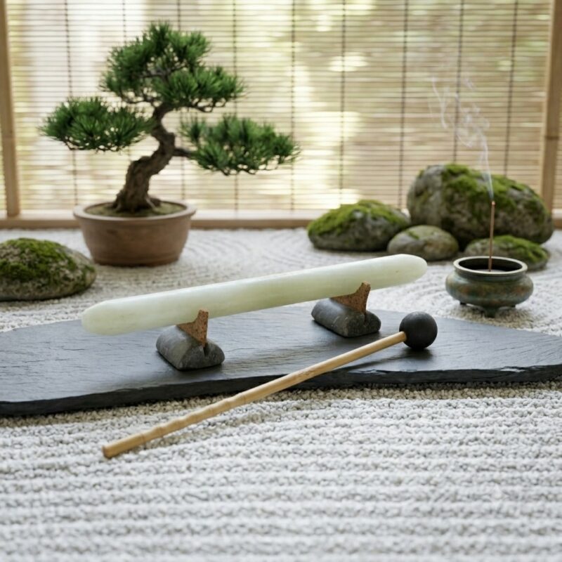 Reproducción artesanal de los primeros instrumentos de percusión de la humanidad: un litófono de piedra natural, ónix de Pakistán sobre soportes de mármol negro con corcho natural y baqueta de madera con esfera de granito negro.