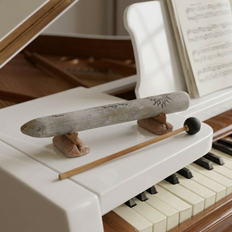 Reproducción artesanal de los primeros instrumentos de percusión de la humanidad: un litófono de piedra natural, mármol morado claro grabado con la clave de sol y un sol radiante sobre soportes de mármol rojo con corcho natural y baqueta de madera con esfera de granito negro.