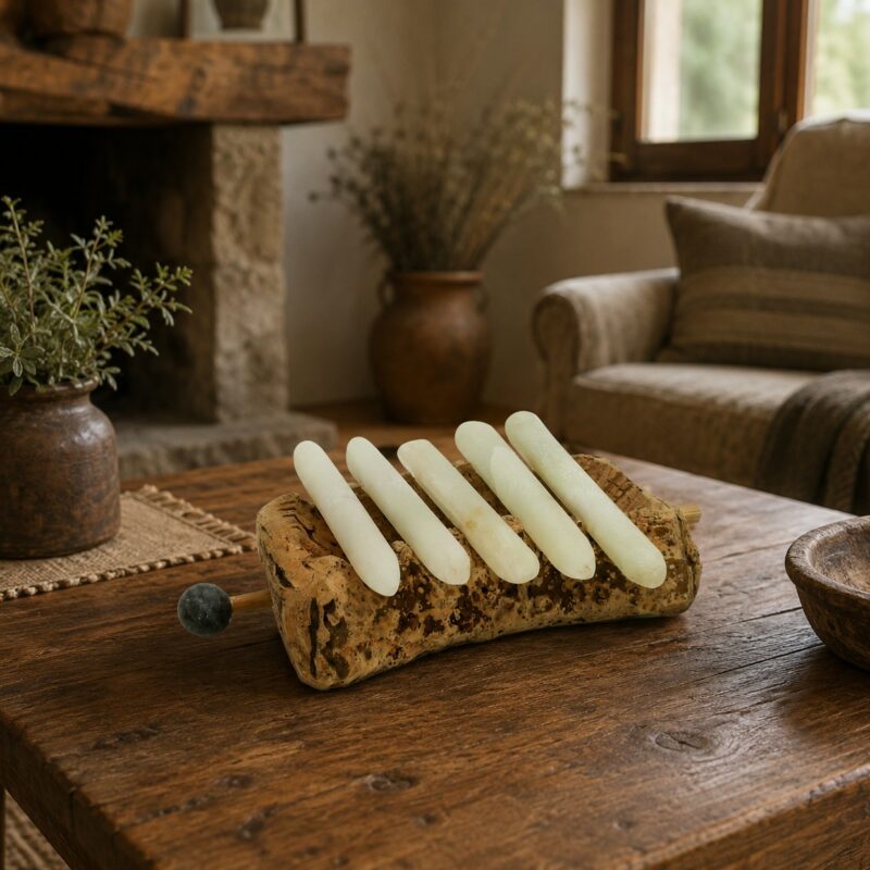Conjunto artesanal de cinco litófonos de piedra natural, ónix de Pakistán, montados sobre una base de corcho natural vaciada haciendo de caja de resonancia con baqueta de madera con esfera de granito negro.